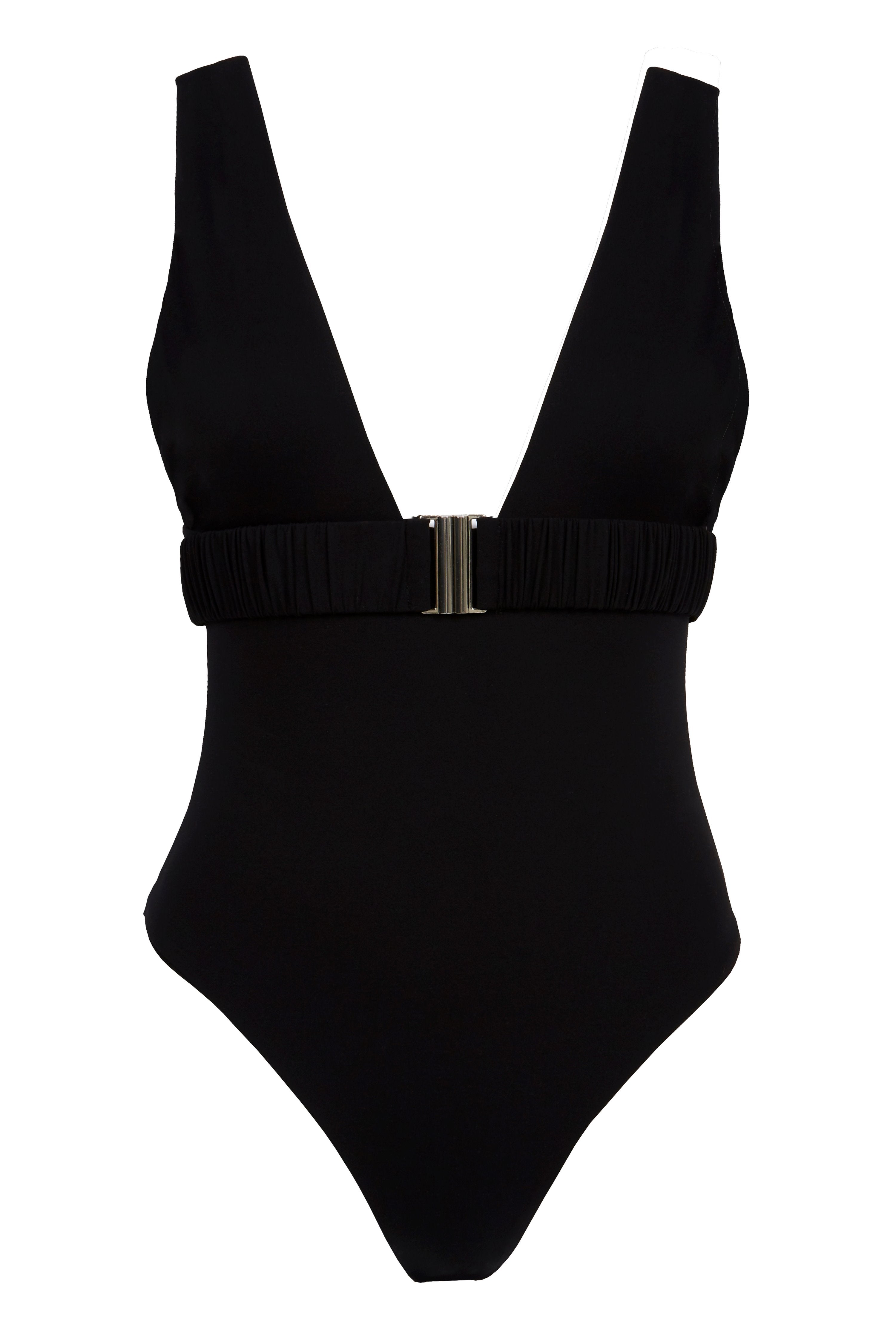 One-piece swimsuit with an elegant deep neckline and deep square cut in the back. Arloe signature crunch detail is found in the belt.  This swimsuit is fully reversible with white straps.    Moderate bottom coverage.