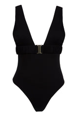 One-piece swimsuit with an elegant deep neckline and deep square cut in the back. Arloe signature crunch detail is found in the belt.  This swimsuit is fully reversible with white straps.    Moderate bottom coverage.
