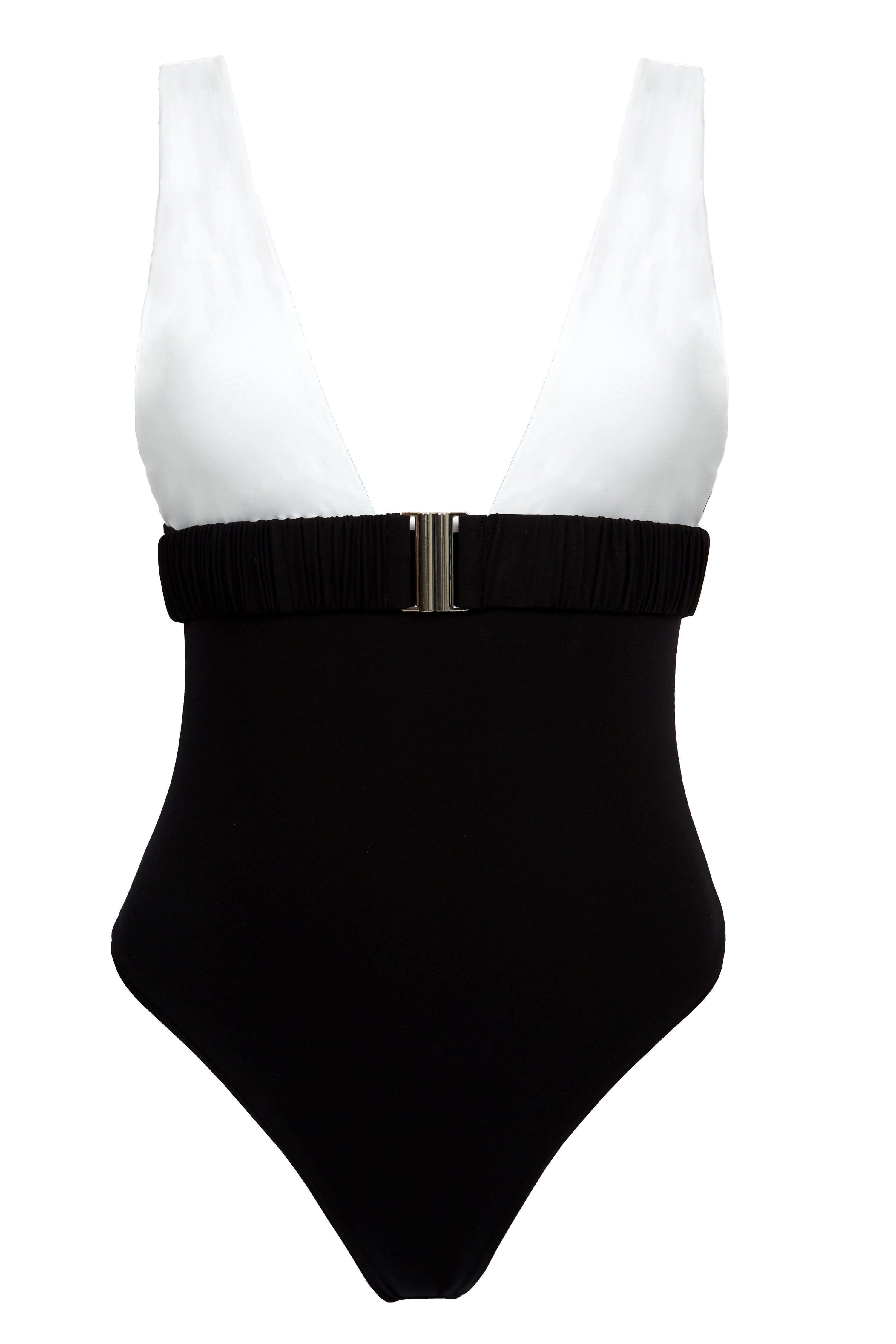 One-piece swimsuit with an elegant deep neckline and deep square cut in the back. Arloe signature crunch detail is found in the belt.  This swimsuit is fully reversible with white straps.    Moderate bottom coverage.