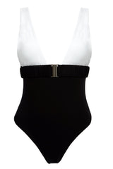 One-piece swimsuit with an elegant deep neckline and deep square cut in the back. Arloe signature crunch detail is found in the belt.  This swimsuit is fully reversible with white straps.    Moderate bottom coverage.