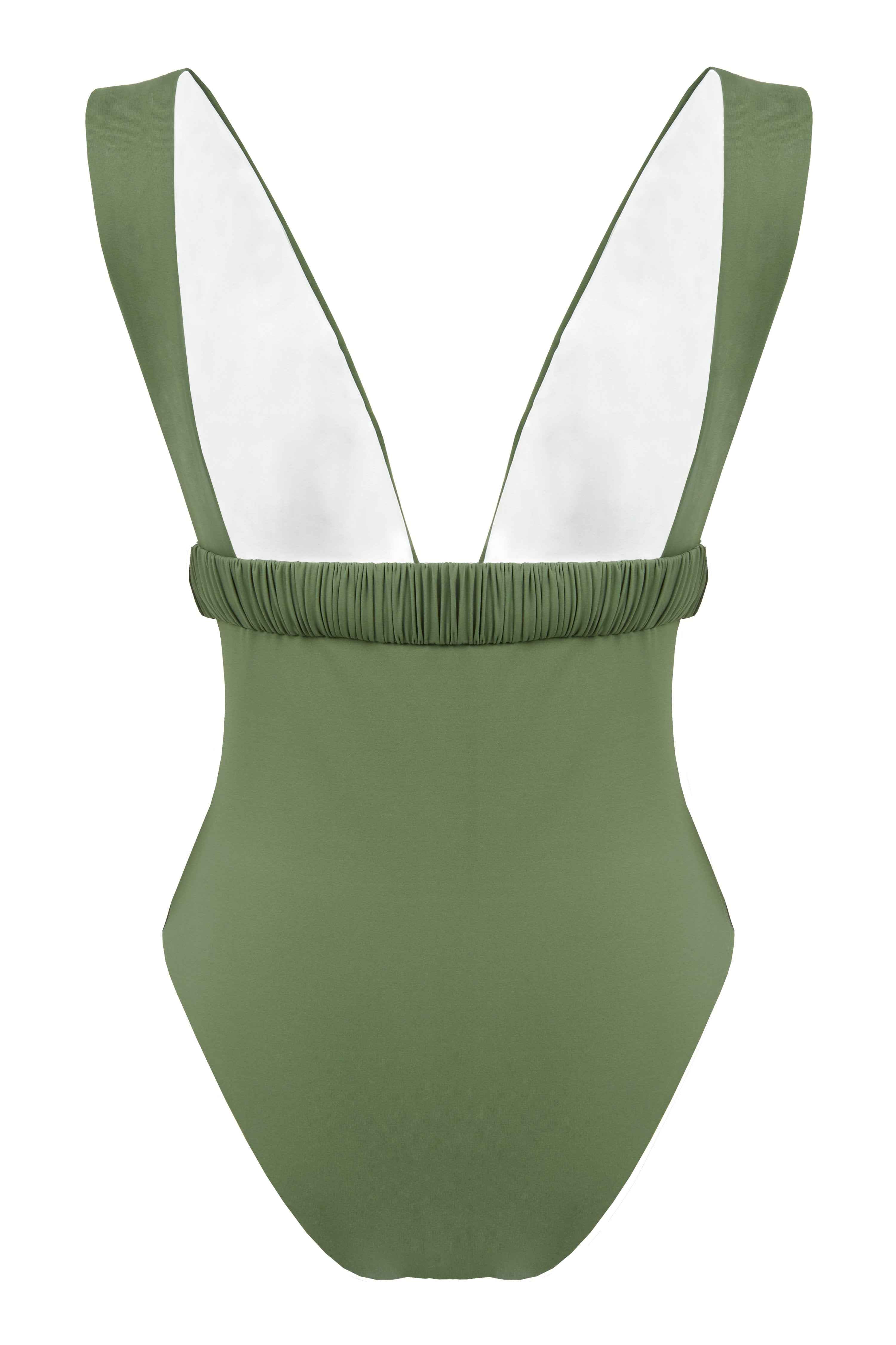 One-piece swimsuit with an elegant deep neckline and deep square cut in the back. Arloe signature crunch detail is found in the belt.  This swimsuit is fully reversible with white straps.    Moderate bottom coverage.