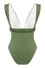 One-piece swimsuit with an elegant deep neckline and deep square cut in the back. Arloe signature crunch detail is found in the belt.  This swimsuit is fully reversible with white straps.    Moderate bottom coverage.