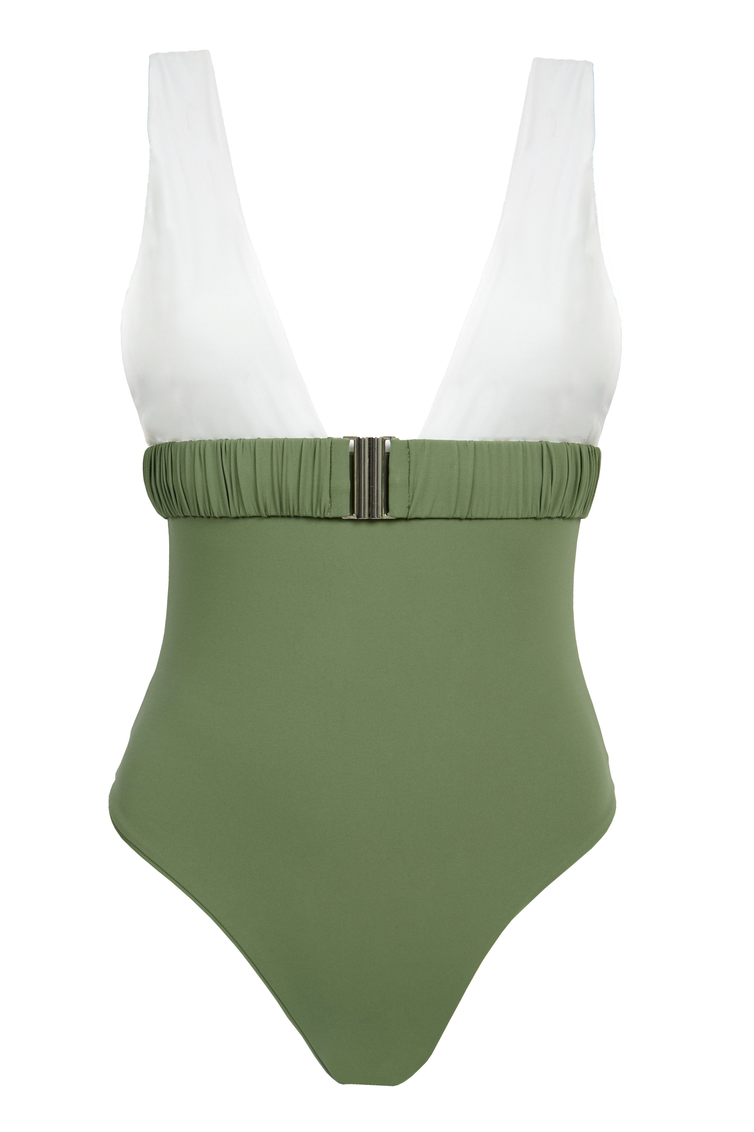 One-piece swimsuit with an elegant deep neckline and deep square cut in the back. Arloe signature crunch detail is found in the belt.  This swimsuit is fully reversible with white straps.    Moderate bottom coverage.