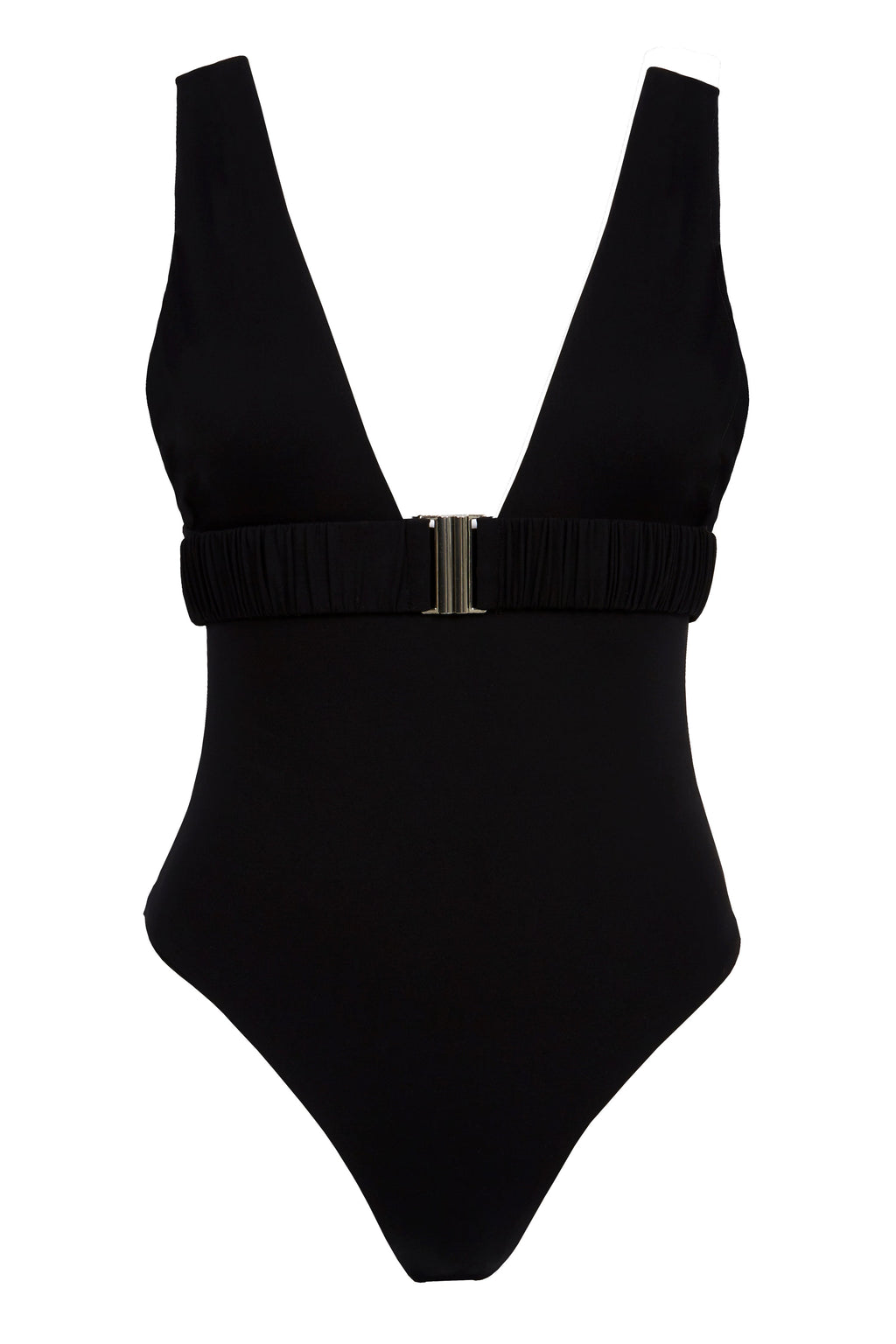 One-piece swimsuit with an elegant deep neckline and deep square cut in the back. Arloe signature crunch detail is found in the belt.  This swimsuit is fully reversible with white straps.    Moderate bottom coverage.