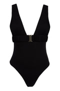 One-piece swimsuit with an elegant deep neckline and deep square cut in the back. Arloe signature crunch detail is found in the belt.  This swimsuit is fully reversible with white straps.    Moderate bottom coverage.