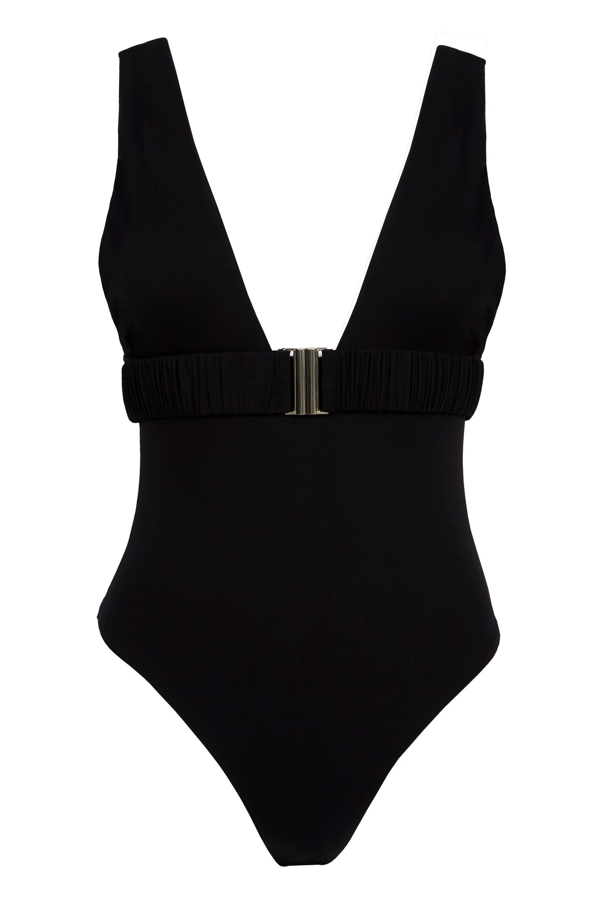 One-piece swimsuit with an elegant deep neckline and deep square cut in the back. Arloe signature crunch detail is found in the belt.  This swimsuit is fully reversible with white straps.    Moderate bottom coverage.
