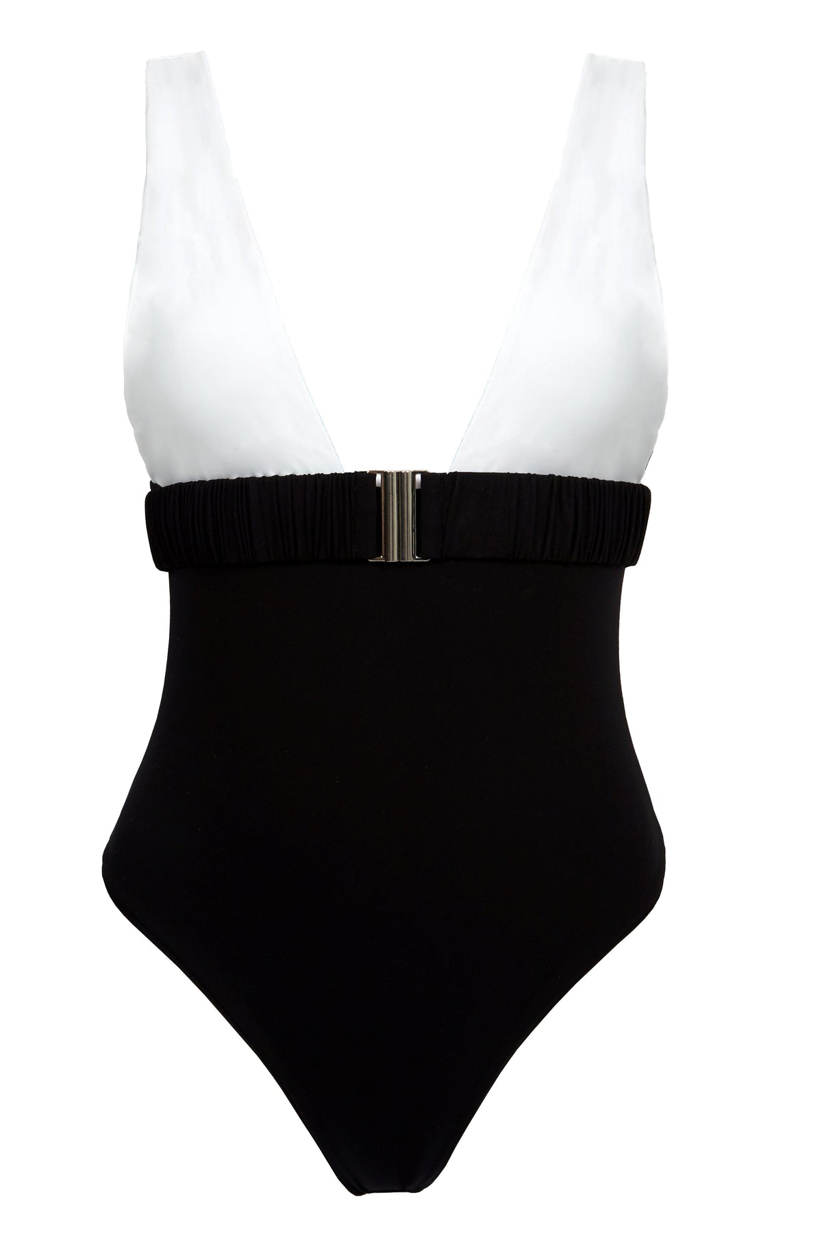 One-piece swimsuit with an elegant deep neckline and deep square cut in the back. Arloe signature crunch detail is found in the belt.  This swimsuit is fully reversible with white straps.    Moderate bottom coverage.