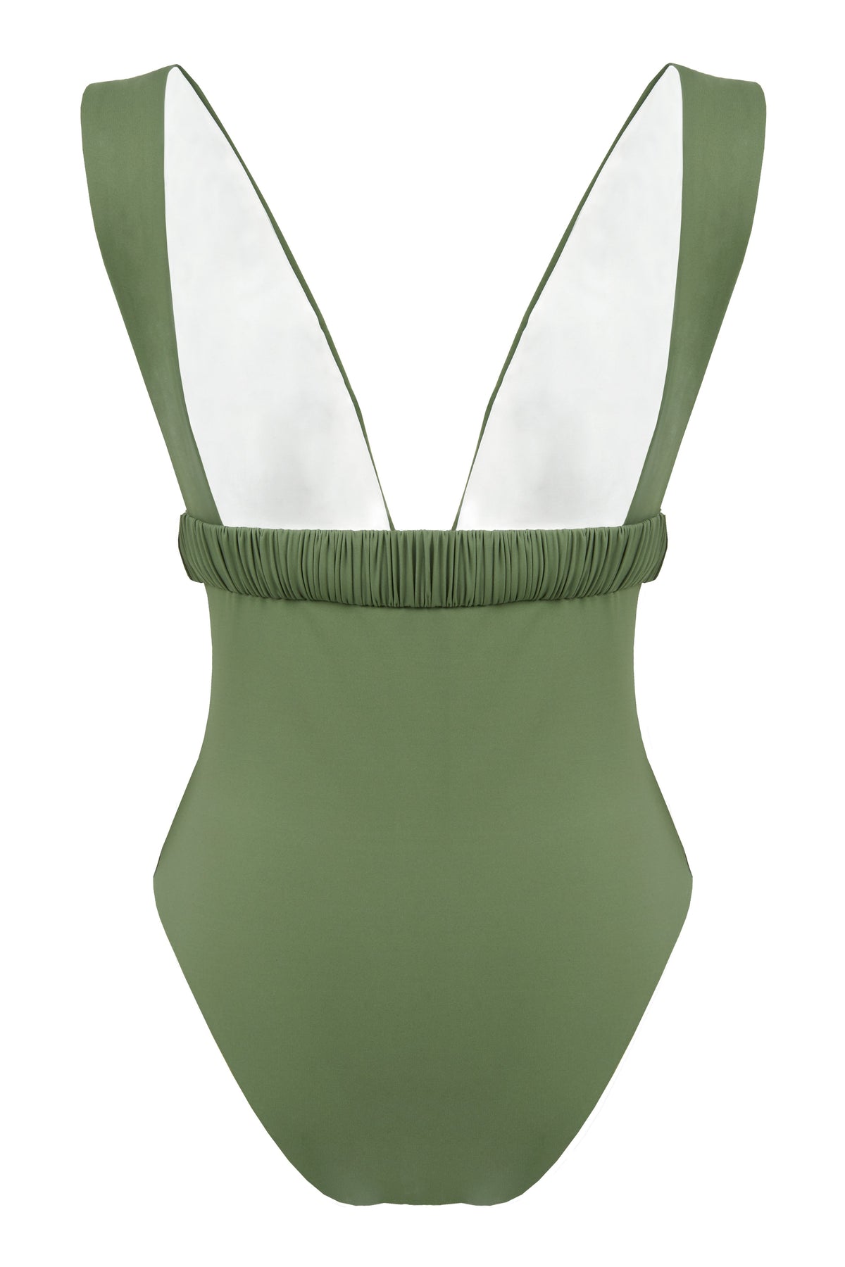 One-piece swimsuit with an elegant deep neckline and deep square cut in the back. Arloe signature crunch detail is found in the belt.  This swimsuit is fully reversible with white straps.    Moderate bottom coverage.