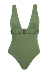 One-piece swimsuit with an elegant deep neckline and deep square cut in the back. Arloe signature crunch detail is found in the belt.  This swimsuit is fully reversible with white straps.    Moderate bottom coverage.