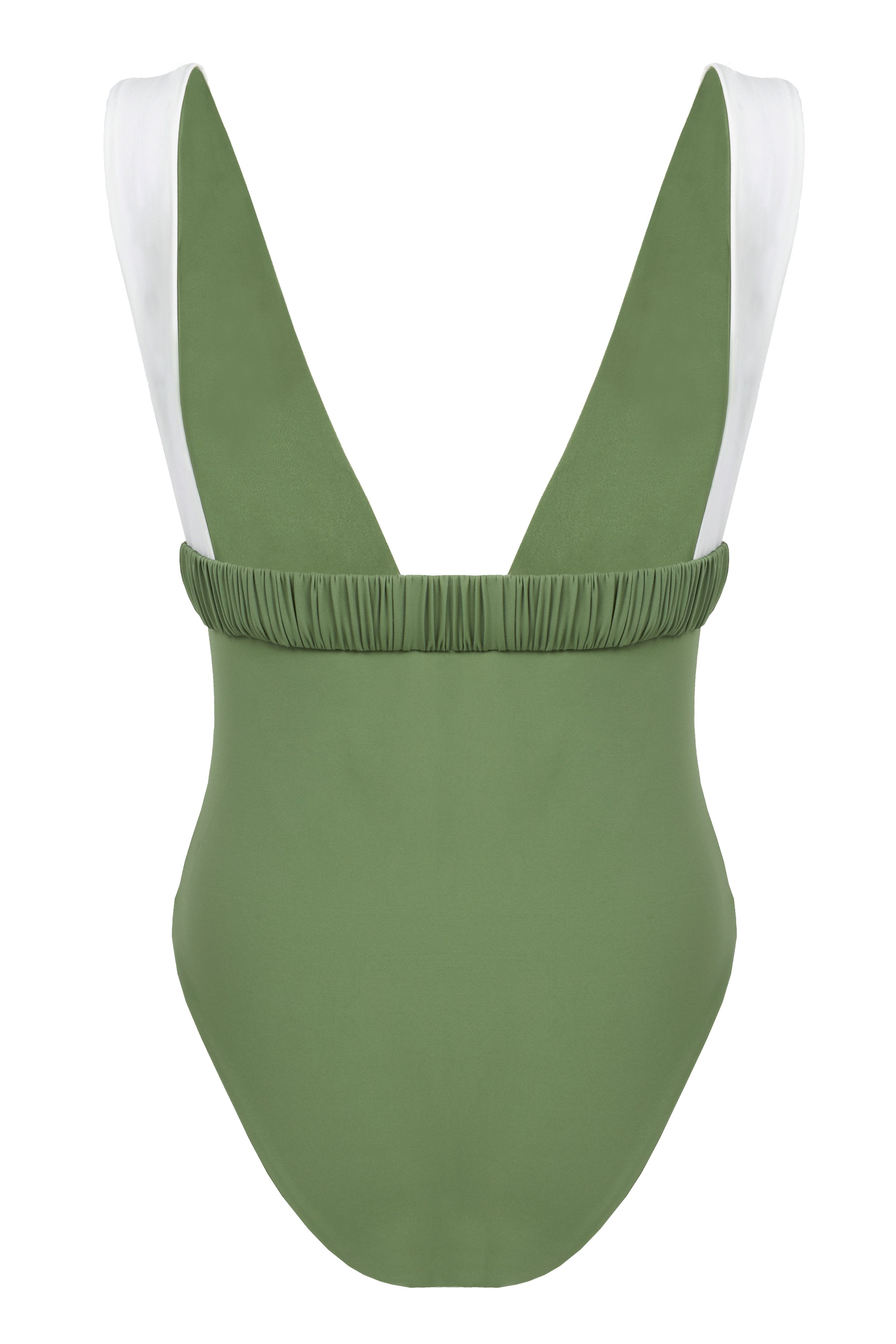 One-piece swimsuit with an elegant deep neckline and deep square cut in the back. Arloe signature crunch detail is found in the belt.  This swimsuit is fully reversible with white straps.    Moderate bottom coverage.
